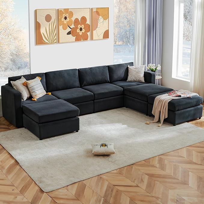 Sweetcrispy Convertible Modular Sectional Sofa, 7 Seat Sectional Couches for Living Room, U-Shaped Modern Fabric Modular Sofa Sleeper with Double Chaise for Home, Apartment, Dorm, Dark Grey - LeafyLoom