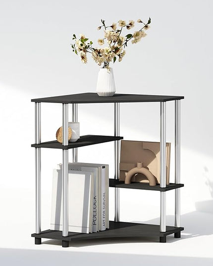 Furinno Turn-N-Tube Multipurpose Corner Shelf, Display Rack, Bookshelf, Americano, Stainless Steel Tubes - LeafyLoom