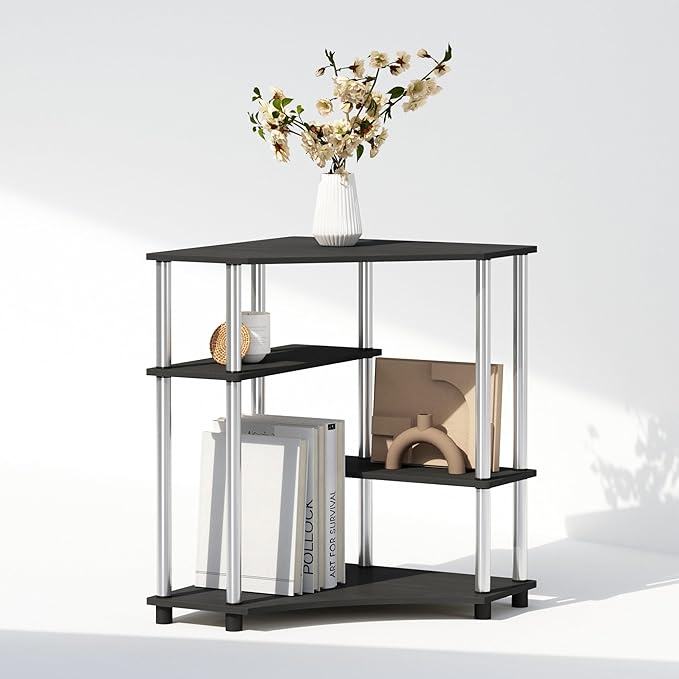 Furinno Turn-N-Tube Multipurpose Corner Shelf, Display Rack, Bookshelf, Americano, Stainless Steel Tubes - LeafyLoom