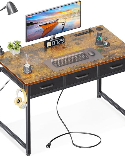 AODK 40 Inch Small Computer Desk with 3 Fabric Drawers, Office Desk with USB/Type-C Charging Ports & Power Outlets, Vanity Desk with Iron Hook for Bedroom, Study/Writing/Work Table for Bedroom,Vintage - LeafyLoom
