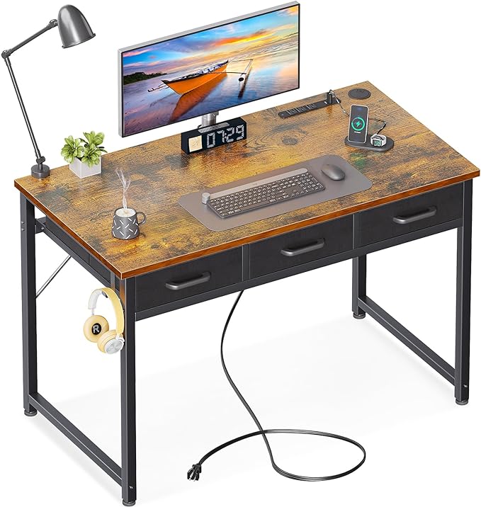 AODK 40 Inch Small Computer Desk with 3 Fabric Drawers, Office Desk with USB/Type-C Charging Ports & Power Outlets, Vanity Desk with Iron Hook for Bedroom, Study/Writing/Work Table for Bedroom,Vintage - LeafyLoom