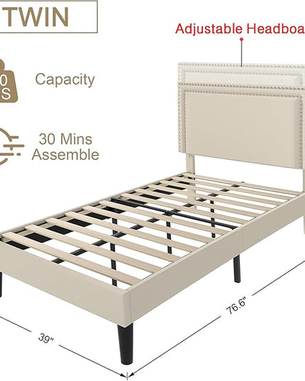 VECELO Twin Size Platform Bed Frame with Height Adjustable Upholstered Headboard, Modern Mattress Foundation,Strong Wood Slat Support, No Box Spring Needed, Easy Assembly - LeafyLoom