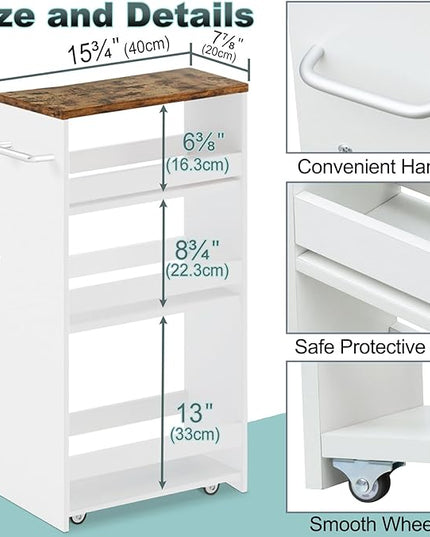 MARTY Rolling Storage Cart 7.9" W, 4-Tier White Kitchen Cart on Wheels, Slim Storage Cart with Handle for Laundry Narrow Places Bathroom Small Corner - LeafyLoom