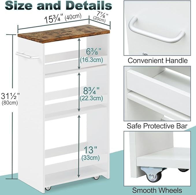 MARTY Rolling Storage Cart 7.9" W, 4-Tier White Kitchen Cart on Wheels, Slim Storage Cart with Handle for Laundry Narrow Places Bathroom Small Corner - LeafyLoom