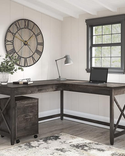 Bush Furniture Key West 60W L Shaped Desk with 2 Drawer Mobile File Cabinet in Dark Gray Hickory - LeafyLoom