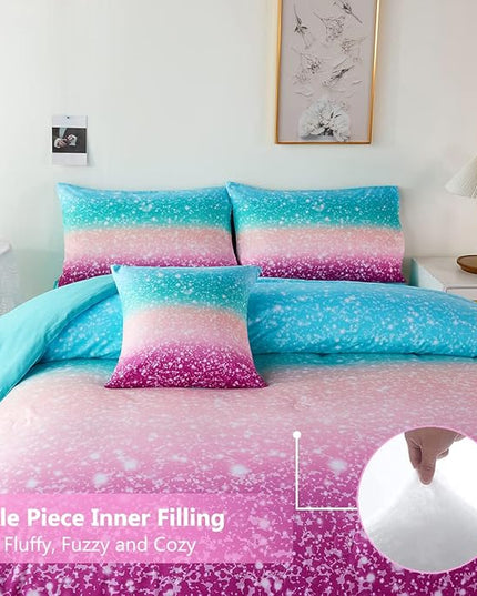 PERFEMET 6 Piece Full Size Comforter Sets for Teens Girls, Tie Dye Rainbow Ombre Bed in A Bag, Gradient Glitter Sparkle Bedroom Decor Bedding Set (Blue Teal Purple, Full) - LeafyLoom