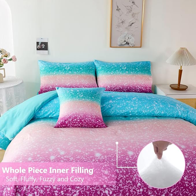 PERFEMET 6Pcs Teal Purple Comforter Set Twin Size, Tie Dye Rainbow Glitter Bed in A Bag, Gradient Pastel Ombre Sparkle Bedding Set for Kids Teens Girls (Blue Teal Purple, Twin) - LeafyLoom