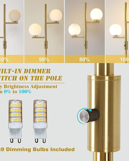Dimming Floor Lamp with 2 Sphere Frosted Glass Globes,Mid-Century Gold Standing Lamp for Living Room, Bedroom, Office(Gold) - LeafyLoom