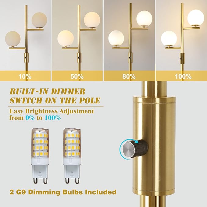 Dimming Floor Lamp with 2 Sphere Frosted Glass Globes,Mid-Century Gold Standing Lamp for Living Room, Bedroom, Office(Gold) - LeafyLoom