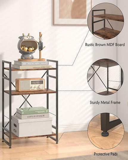 Bookshelf Organizer,3 Tiers Rustic Brown Small Bookcase for Small Space,Industrial Wooden Storage Bookcase Display Rack and Storage Organizer for Living Room and Home Office - LeafyLoom