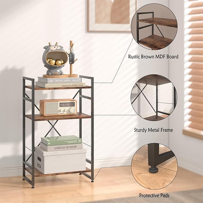 Bookshelf Organizer,3 Tiers Rustic Brown Small Bookcase for Small Space,Industrial Wooden Storage Bookcase Display Rack and Storage Organizer for Living Room and Home Office - LeafyLoom