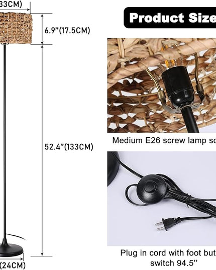 Unique Farmhouse Floor Lamp for Living room, Bedroom and Office, Original Handmade Water Lettuce Rattan Shade Tall Standing Light Black , Modern Vintage Rustic Rural Décor(No Bulbs) - LeafyLoom