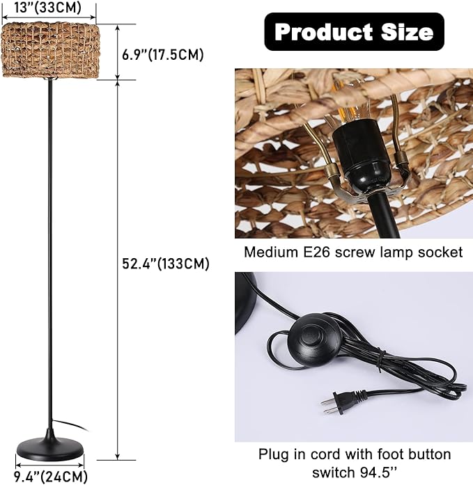Unique Farmhouse Floor Lamp for Living room, Bedroom and Office, Original Handmade Water Lettuce Rattan Shade Tall Standing Light Black , Modern Vintage Rustic Rural Décor(No Bulbs) - LeafyLoom