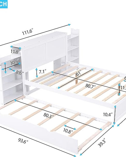 Queen Size Bed Frame with Headboard and Twin XL Trundle, Wood Queen Size Platform Bed with Pull Out Storage Shelves Headboard for Bedroom, White - LeafyLoom