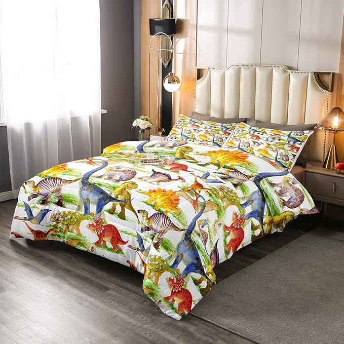 Erosebridal Dinosaur Comforter Set Kawaii Dino Bedding Set for Kids Girls Boys Teens Bedroom Decor, Retro Animal Duvet Insert Watercolor Wildlife Soft Microfiber Quilt with 1 Pillow Case, Twin - LeafyLoom