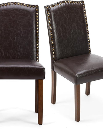 MCQ Upholstered Dining Chairs Set of 2, Modern Upholstered Leather Dining Room Chair with Nailhead Trim and Wood Legs, Mid-Century Accent Dinner Chair for Living Room, Kitchen, Dark Brown - LeafyLoom