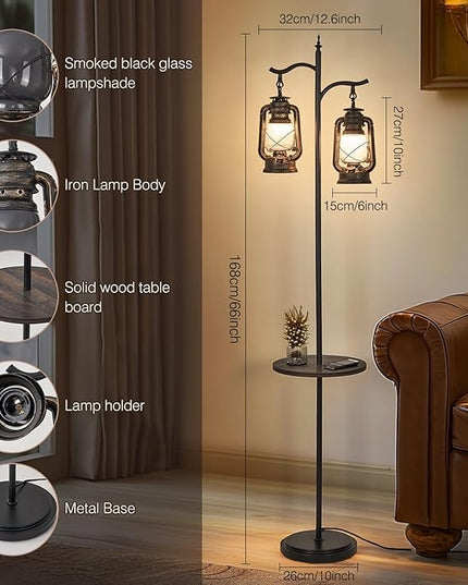 Farmhouse floor lamp with table, Double head vintage floor lantern, Standing lamp for living room，bedroom, Rustic Floor Lamp with Black Brown Finish - LeafyLoom