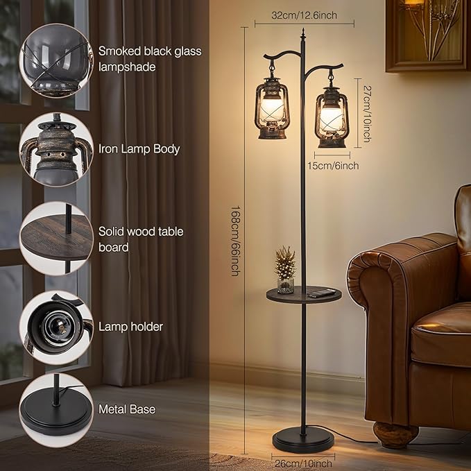 Farmhouse floor lamp with table, Double head vintage floor lantern, Standing lamp for living room，bedroom, Rustic Floor Lamp with Black Brown Finish - LeafyLoom