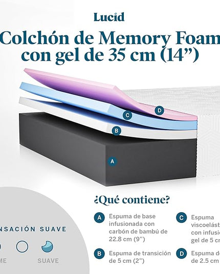 LUCID 14 Inch Memory Foam Mattress - Plush Feel - Memory Foam Infused with Bamboo Charcoal and Gel - Temperature Regulating - Pressure Relief - Breathable - Premium Support - California King Size - LeafyLoom