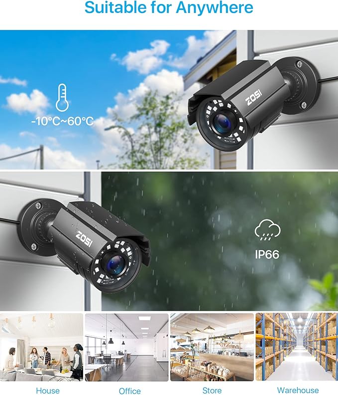 ZOSI 4 Pack 1080P 1920TVL Home Security Cameras Outdoor Indoor, Night Vision, IP66 Weatherproof 2MP Surveillance Camera, Work For 720P/1080P/5MP/4K HD-TVI,AHD,CVI analog CCTV DVR System (Black) ZOSI