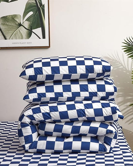Wellboo Blue and White Comforter Sets King Women Men Diamond Royal Blue Checkerboard Grid Bedding Comforters Cotton Modern Jewelry Blue Checkered Geometric Quilts Luxury Sapphire Buffalo Plaid Bed - LeafyLoom