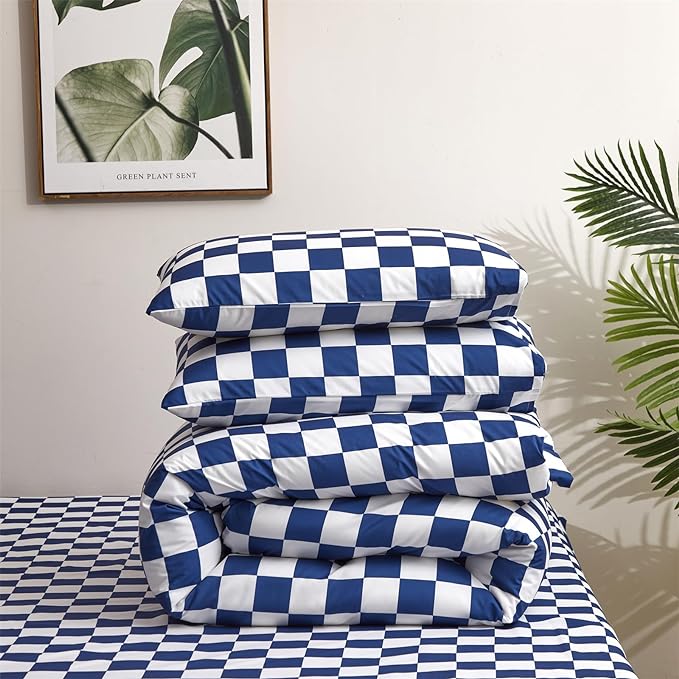 Wellboo Blue and White Comforter Sets King Women Men Diamond Royal Blue Checkerboard Grid Bedding Comforters Cotton Modern Jewelry Blue Checkered Geometric Quilts Luxury Sapphire Buffalo Plaid Bed - LeafyLoom