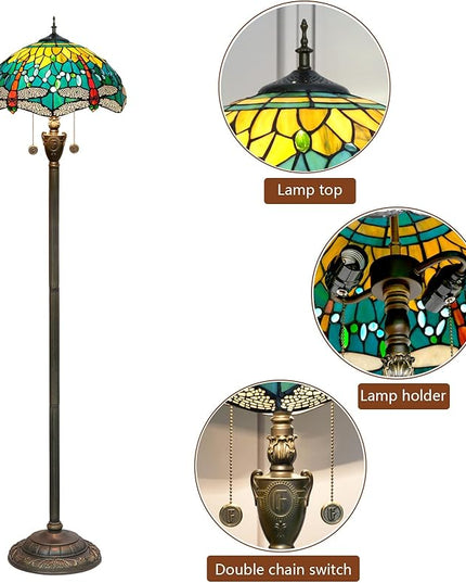 Tiffany floor lamp stained glass lamps for living room bedroom office rustic corner standing tall vintage light kids unique Pulling chain Green Dragonfly style lighting - LeafyLoom