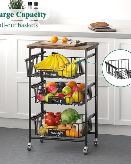 Kitchen Storage Cart with Wheels, 4-Tier Metal Utility Rolling Cart Fruit Vegetable Storage Basket Pantry Rack with Wood Top & Pull Out Baskets for Kitchen, Livingroom, Diningroom, Office - LeafyLoom