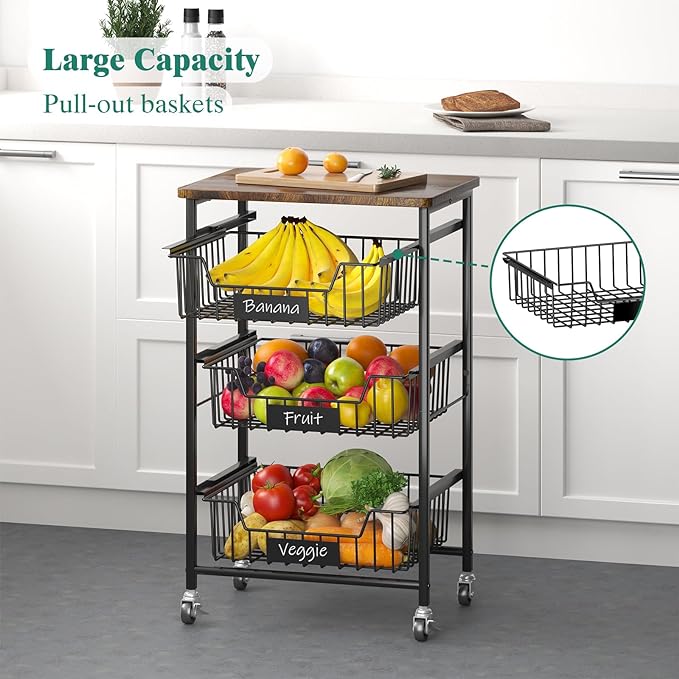 Kitchen Storage Cart with Wheels, 4-Tier Metal Utility Rolling Cart Fruit Vegetable Storage Basket Pantry Rack with Wood Top & Pull Out Baskets for Kitchen, Livingroom, Diningroom, Office - LeafyLoom
