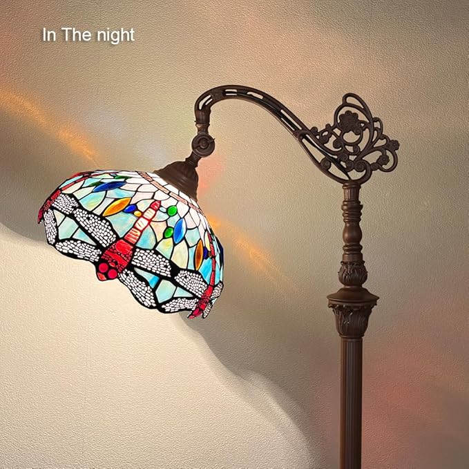 Capulina Tiffany Floor Lamp Fine Sky Dragonfly Style Stained Glass Arched Gooseneck Adjustable Angle Floor Lamp for Living Room Bedroom Home Office - LeafyLoom