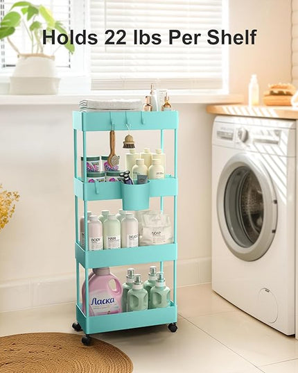 Pipishell Slim Storage Cart with Wheels, 4 Tier Bathroom Storage Organizer Rolling Utility Cart for Bathroom Kitchen Laundry Room Office Narrow Place (Turquoise) - LeafyLoom