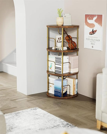 Rotating Bookshelf, 3 Tier Round Revolving Bookcase with Special Visible Partition Storage, 360° Display Spinning Bookshelf Tower Storage Organizer Rack for Bedroom, Living Room, Small Space, Gold - LeafyLoom