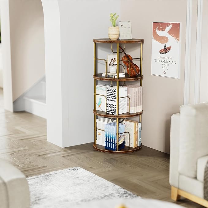 Rotating Bookshelf, 3 Tier Round Revolving Bookcase with Special Visible Partition Storage, 360° Display Spinning Bookshelf Tower Storage Organizer Rack for Bedroom, Living Room, Small Space, Gold - LeafyLoom
