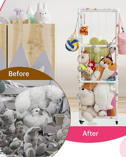 X-Large Plush Stuffed Animal Zoo Cage with Wheels, 67.7'' Stuffed Animal Storage Zoo Holder Standing, Toy Storage Organizer Shelves Basket with Net for Playroom, Bedroom, Nursery - LeafyLoom