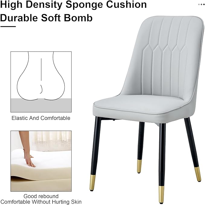 Modern Dining Chairs Set of 4, Faux Leather Dining Room Chairs PU Upholstered Gray Kitchen Chair with Black Golden Metal Legs for Home Living Room, Restaurant - LeafyLoom