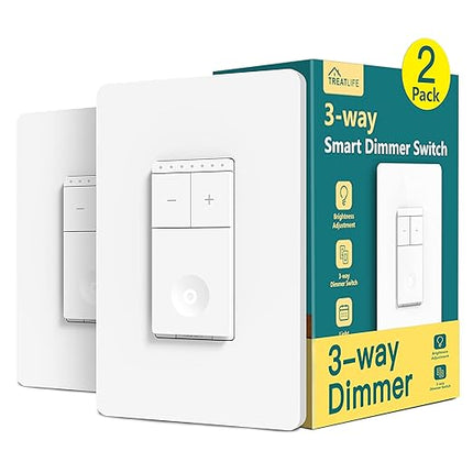 TREATLIFE 3 Way Smart Dimmer Switch 2 Pack, 2 Master Dimmer Switch Compatible with Alexa, Google Assistant, 2.4GHz WiFi Light Switch APP Remote Control, Neutral Wire Needed, Schedule, No Hub Required TREATLIFE