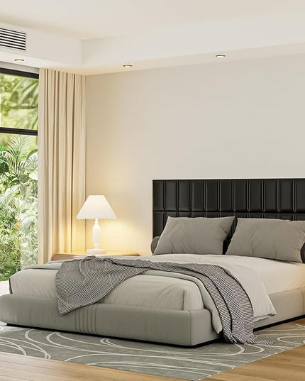 Peel and Stick Headboard Black Upholstered Wall Panels, 4 Panels Sized 7.8" x 15.7", 3D Anti-Collision Soundproof Self-Adhesive Wall Panel for Bedroom，Living Room - LeafyLoom