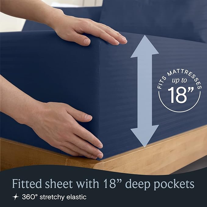 LuxClub Striped Sheets, 4 PC Striped Bed Sheets Twin Size, Deep Pockets 18" Eco Friendly Wrinkle Free-Kids-Fitted Sheets Machine Washable Hotel Bedding (Twin, Navy) - LeafyLoom