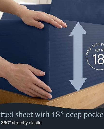 LuxClub 7 PC Split King Size Sheet Set Bed Sheets, Breathable Luxury Bed Sheets, Deep Pockets 18" Wrinkle Free Cooling Bed Sheets Machine Washable Hotel Bedding (Split King, Striped Navy) - LeafyLoom