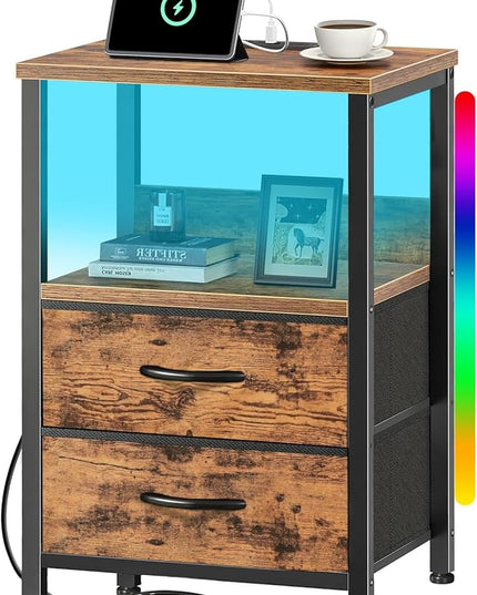 Nightstand with Charging Station, Bedside Table with LED Lights, Side Table with Fabric Drawers and Storage Shelf, Night Station with USB Ports & Outlets, Small End Table for Bedroom, Rustic Brown - LeafyLoom