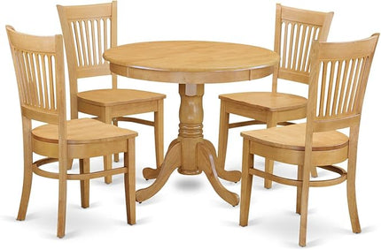 East West Furniture ANVA5-OAK-W 5 Piece Dining Set Includes a Round Dining Room Table with Pedestal and 4 Wood Seat Chairs, 36x36 Inch, Oak - LeafyLoom