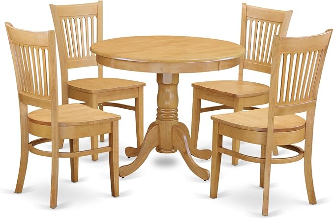 East West Furniture ANVA5-OAK-W 5 Piece Dining Set Includes a Round Dining Room Table with Pedestal and 4 Wood Seat Chairs, 36x36 Inch, Oak - LeafyLoom