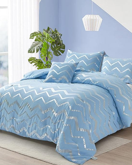 King Comforter Set Blue/Silver Metallic Print Glitter Bedding Set Cute Shinny Bed Sets for Teen Girls Kids Women, 4 Piece (2 Pillowcases, 1 Decorative Pillow Sham) - LeafyLoom