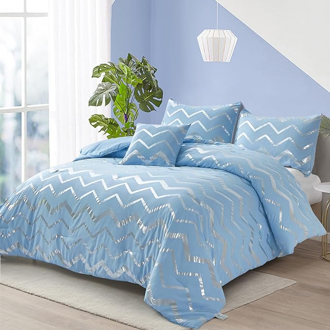 King Comforter Set Blue/Silver Metallic Print Glitter Bedding Set Cute Shinny Bed Sets for Teen Girls Kids Women, 4 Piece (2 Pillowcases, 1 Decorative Pillow Sham) - LeafyLoom