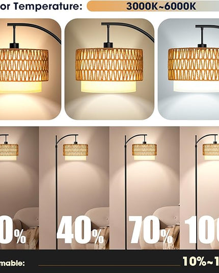 Arc Floor Lamp with 10 Color Temperatures, 10 Brightness, Remote & App Control, Boho Tall Standing Lamps with Smart Bulb, Rattan & Fabric Double Drum Shade for Living Room, Bedroom, Home Office - LeafyLoom