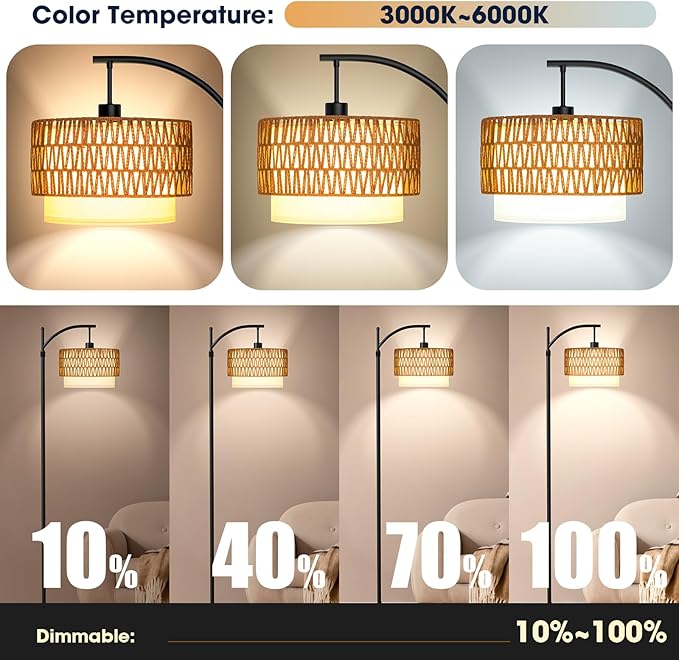 Arc Floor Lamp with 10 Color Temperatures, 10 Brightness, Remote & App Control, Boho Tall Standing Lamps with Smart Bulb, Rattan & Fabric Double Drum Shade for Living Room, Bedroom, Home Office - LeafyLoom