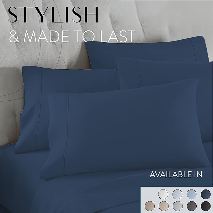 Danjor Linens Full Size Sheets Set - 6 Piece Set Including 4 Pillowcases- Deep Pockets - Breathable, Soft Bed Sheets - Wrinkle Free - Machine Washable - Navy Bed Sheets - 6 pc - LeafyLoom