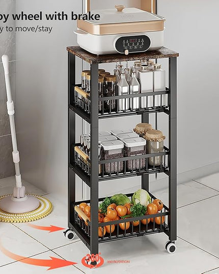 Kitchen Storage Cart Slim Rolling Cart On Wheels,5-Tier Skinny Kitchen Island Utility Organizer Storage Cart with Pull-Out Baskets and Wood Top,Mesh Fruit Basket Cart with Handle - LeafyLoom