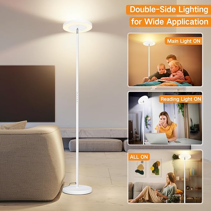 OUTON LED Torchiere Floor Lamp, Super Bright Dimmable Tall Standing Lamp with Remote Touch Control, 4 Color Temperatures, 1-Hour Timer for Living Room, Bedroom, Office (Matte White) - LeafyLoom