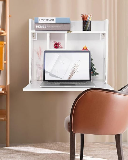 YUSING Wall Mounted Table, Multifunctional Fold Down Wall Mounted Laptop Computer Desk with Storage Compartments for Home, Office, White - LeafyLoom